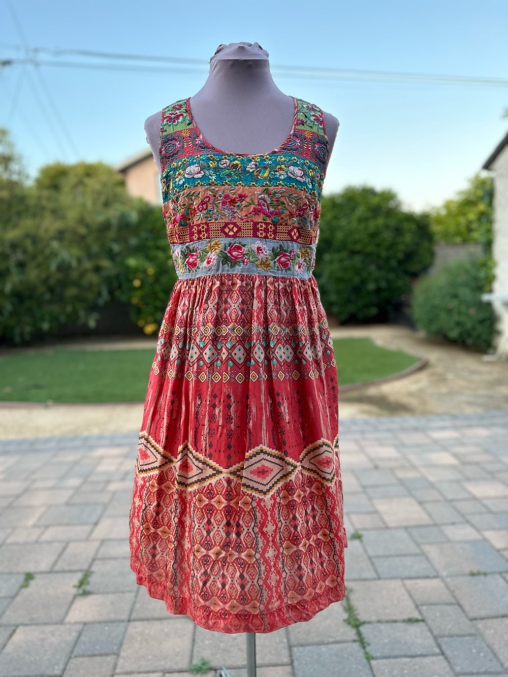 Johnny Was Red & Multicolor Bohemian Mini Dress - Picture 2 of 6